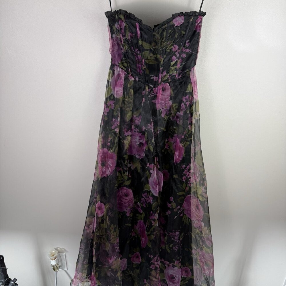 Lulus Strapless Floral Maxi Dress Corset Bodice Black Purple Wedding Guest - Picture 5 of 10